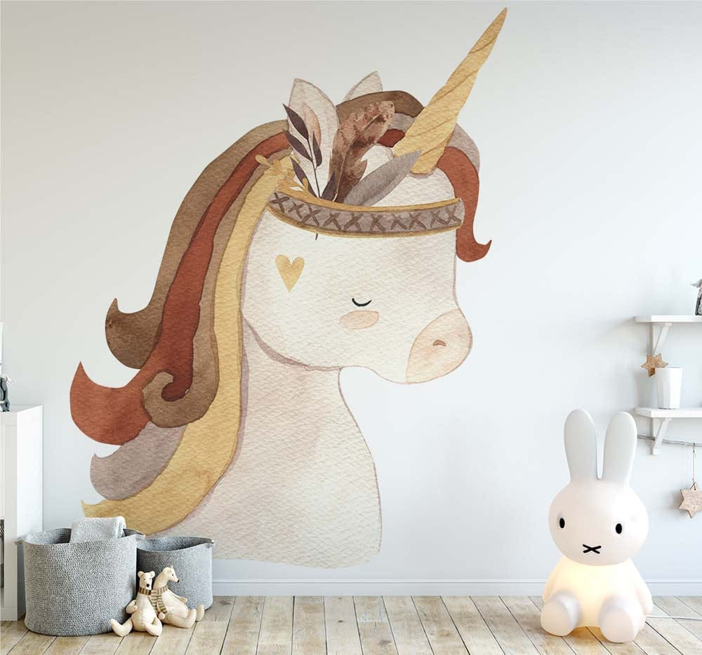 Papier peint panoramique licorne illustré, dans une chambre de fille