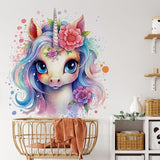 Papier peint panoramique licorne fantaisie illustré, dans une chambre de fille