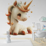 Papier peint panoramique licorne jolie illustré, dans une chambre de fille