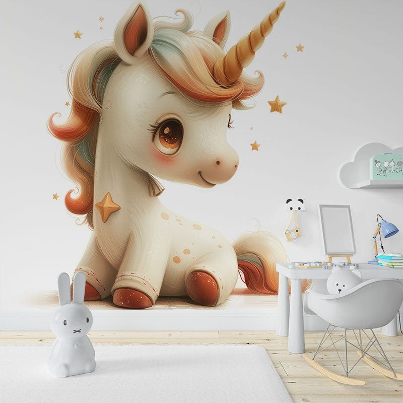 Papier peint panoramique licorne jolie illustré, dans une chambre de fille