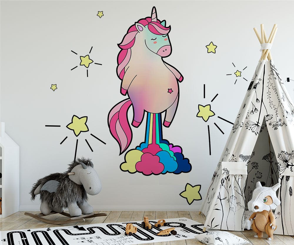 Papier peint panoramique licorne kawaii illustré, dans une chambre de fille