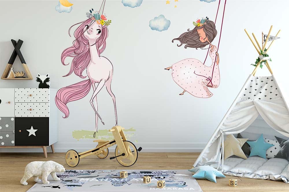Papier peint panoramique licorne princesse balancoire illustré, dans une chambre de fille