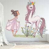 Papier peint panoramique licorne princesse illustré, dans une chambre de fille