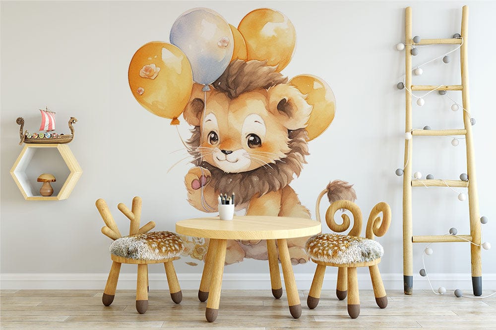 Papier peint panoramique lion ballons colorés illustré, dans une chambre de bébé