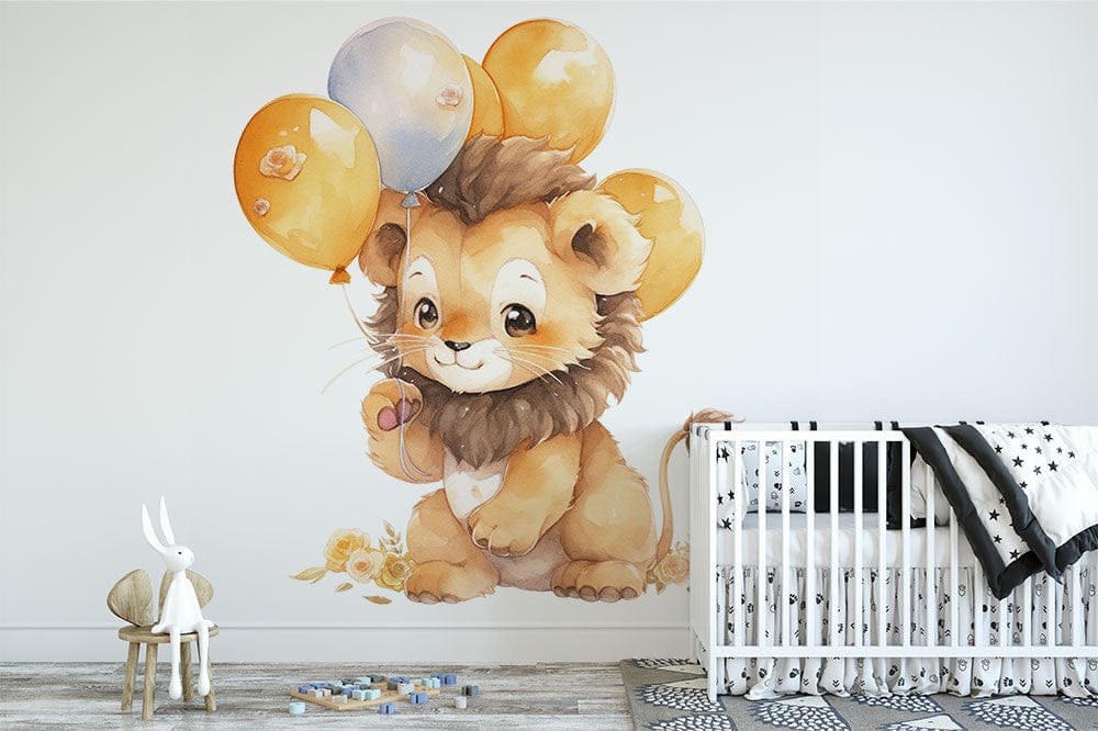 Deuxième vue du papier peint lion ballons colorés dans une chambre de bébé