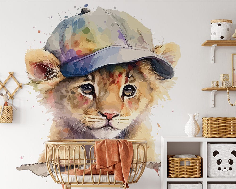 Papier peint panoramique lion casquete gavroche illustré, dans une chambre d'enfant