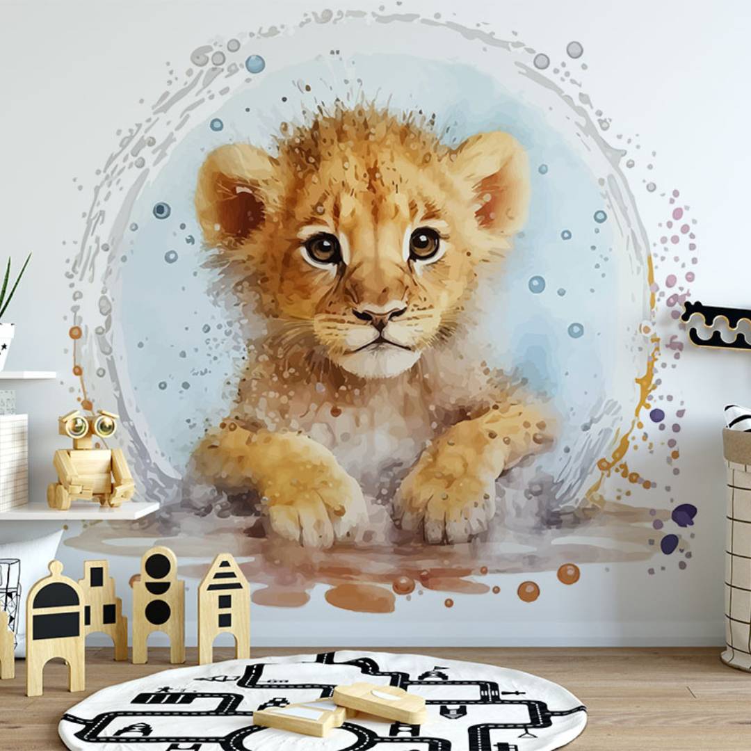 Papier peint panoramique lion illustré, dans une chambre d'enfant