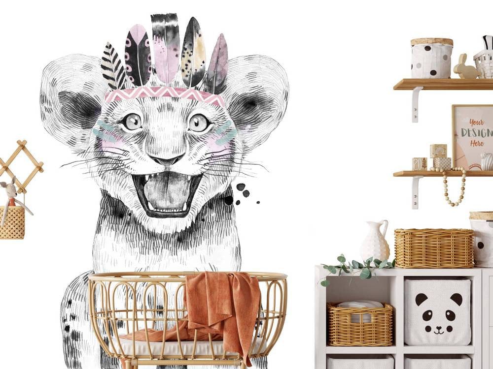 Papier peint panoramique lion coiffe indienne illustré, dans une chambre d'enfant