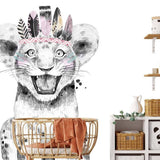 Papier peint panoramique lion coiffe indienne illustré, dans une chambre d'enfant