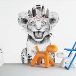Deuxième vue du papier peint lion coiffe indienne dans une chambre d'enfant