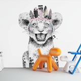Deuxième vue du papier peint lion coiffe indienne dans une chambre d'enfant