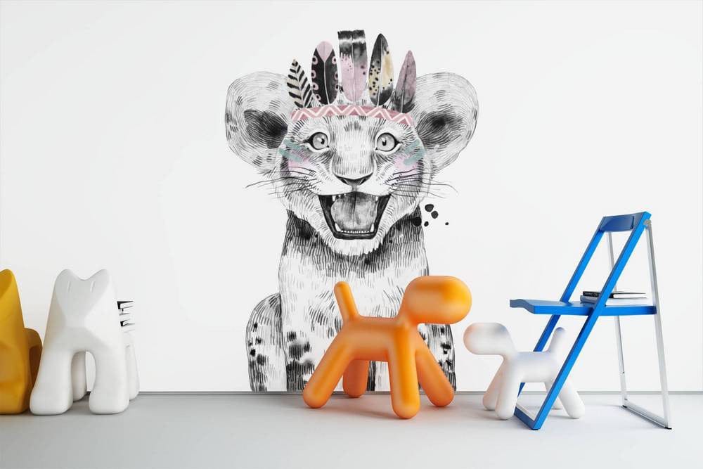 Deuxième vue du papier peint lion coiffe indienne dans une chambre d'enfant