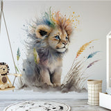 Papier peint panoramique lion crinière multicolore illustré, dans une chambre d'enfant