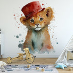 Papier peint panoramique lion haut forme illustré, dans une chambre d'enfant