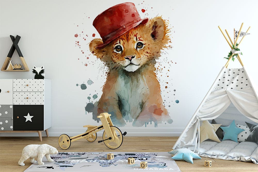 Papier peint panoramique lion haut forme illustré, dans une chambre d'enfant