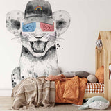 Papier peint panoramique lion lunettes illustré, dans une chambre d'enfant