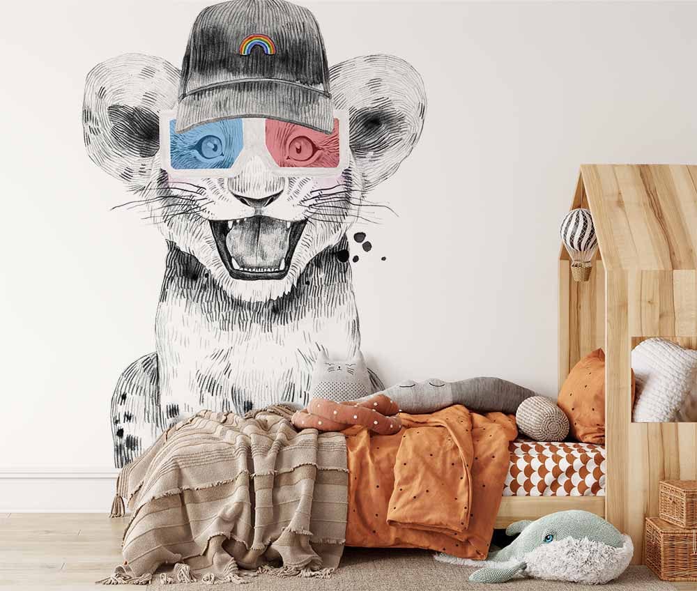 Papier peint panoramique lion lunettes illustré, dans une chambre d'enfant