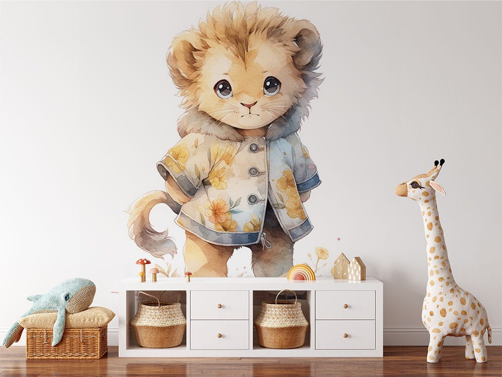 Papier peint panoramique lion mignon illustré, dans une chambre d'enfant