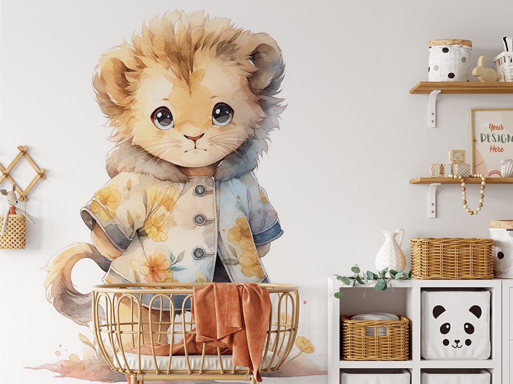 Deuxième vue du papier peint lion mignon dans une chambre d'enfant