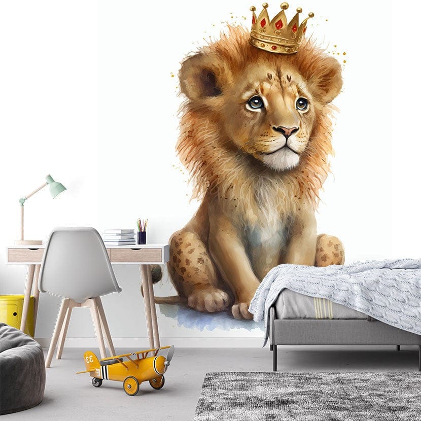 Deuxième vue du papier peint lion pastel dans une chambre d'enfant