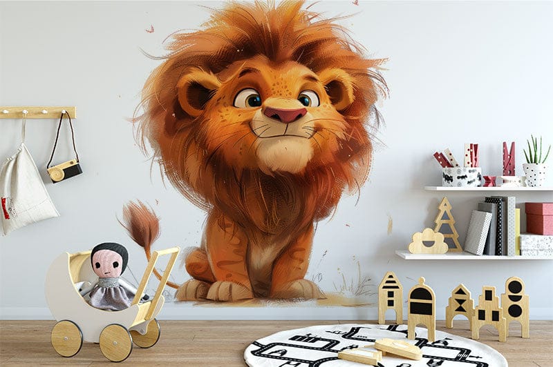 Deuxième vue du papier peint lion rigolo dans une chambre d'enfant