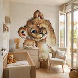 Deuxième vue du papier peint lion tout mignon dans une chambre de bébé
