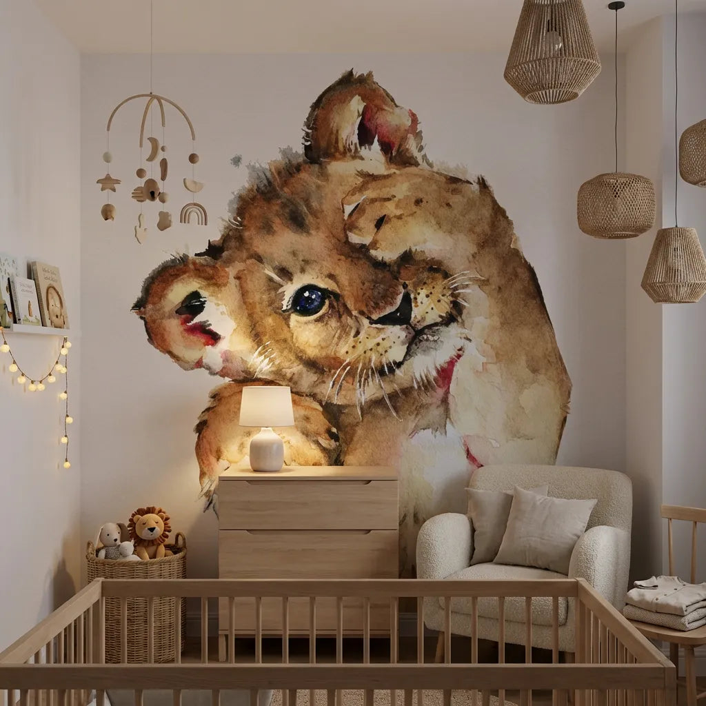 Troisième vue du papier peint lion tout mignon dans une chambre de bébé