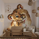 Troisième vue du papier peint lion tout mignon dans une chambre de bébé