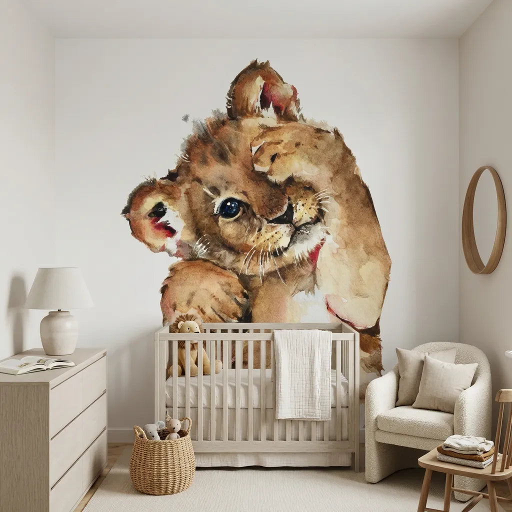 Quatrième vue du papier peint lion tout mignon dans une chambre de bébé