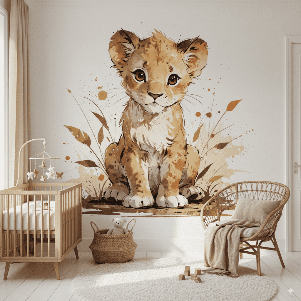 Papier peint panoramique lionceau apaisé illustré, dans une chambre d'enfant
