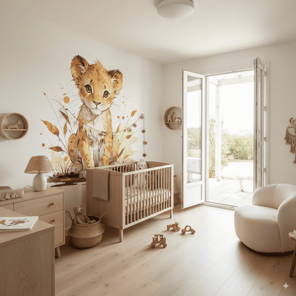 Deuxième vue du papier peint lionceau apaisé dans une chambre d'enfant
