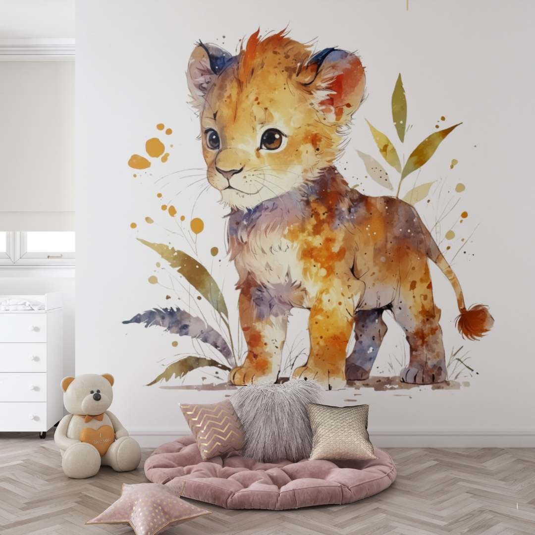 Troisième vue du papier peint lionceau curieux dans une chambre d'enfant