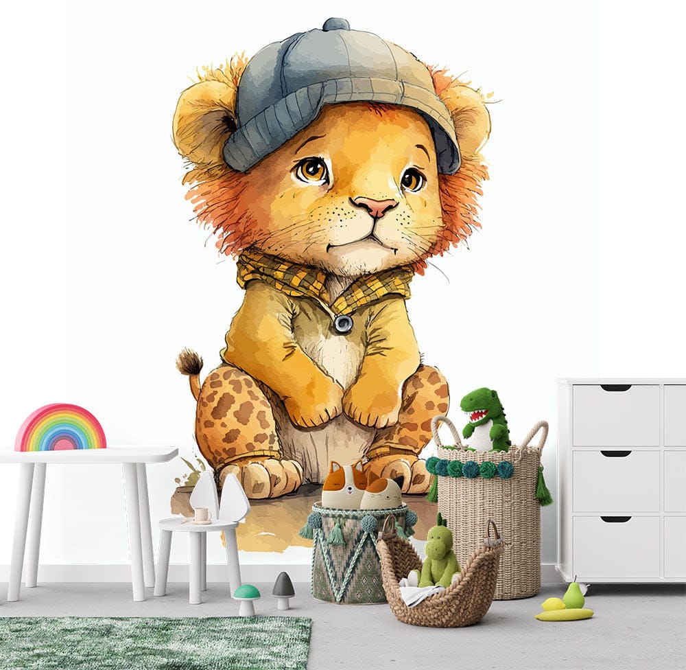 Papier peint panoramique lionceaux béret illustré, dans une chambre d'enfant