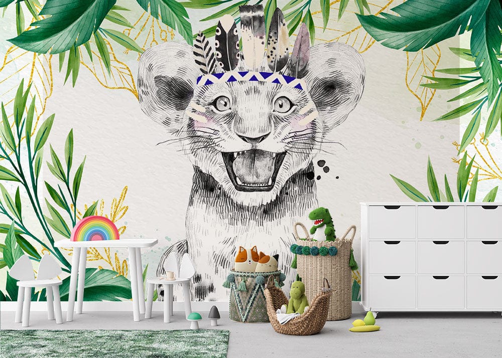 Papier peint panoramique lionceaux bubble gum coiffe illustré, dans une chambre d'enfant