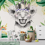 Papier peint panoramique lionceaux bubble gum coiffe illustré, dans une chambre d'enfant