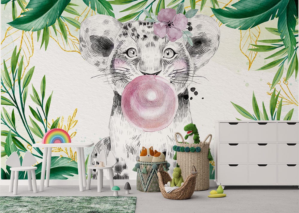 Deuxième vue du papier peint lionceaux bubble gum coiffe dans une chambre d'enfant