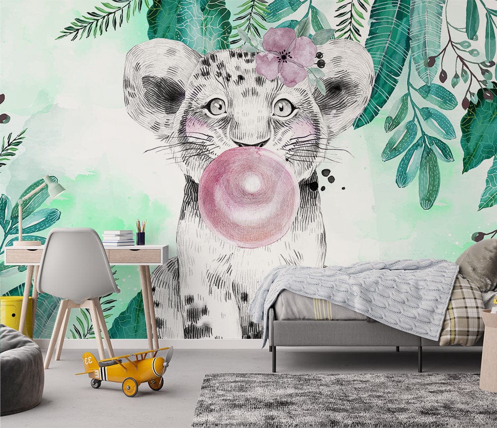 Papier peint panoramique lionceaux bubble gum foret illustré, dans une chambre d'enfant