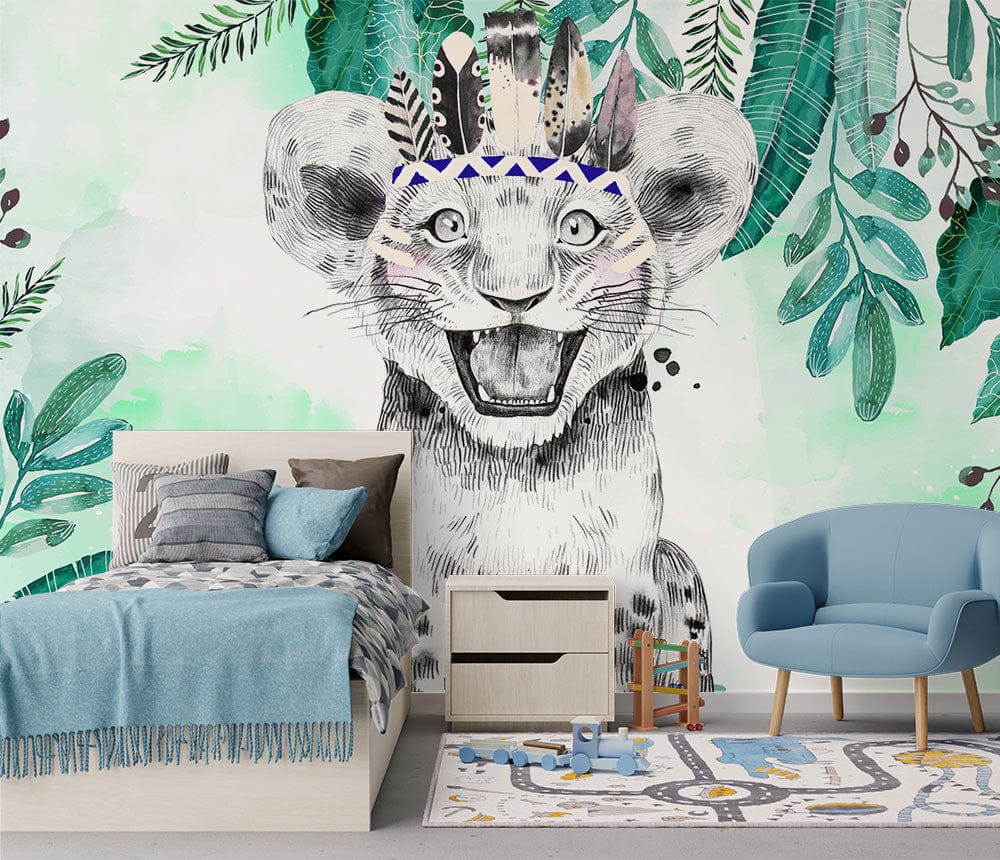 Deuxième vue du papier peint lionceaux bubble gum foret dans une chambre d'enfant