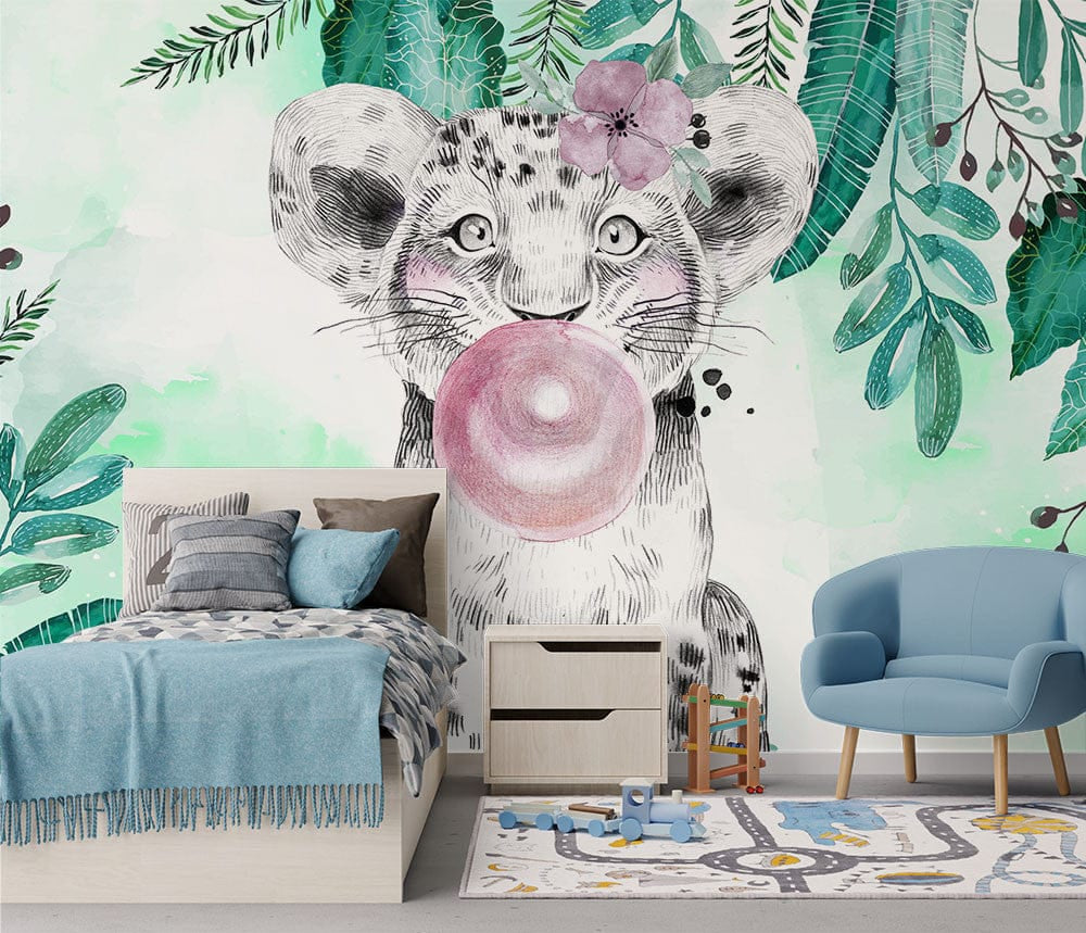 Troisième vue du papier peint lionceaux bubble gum foret dans une chambre d'enfant