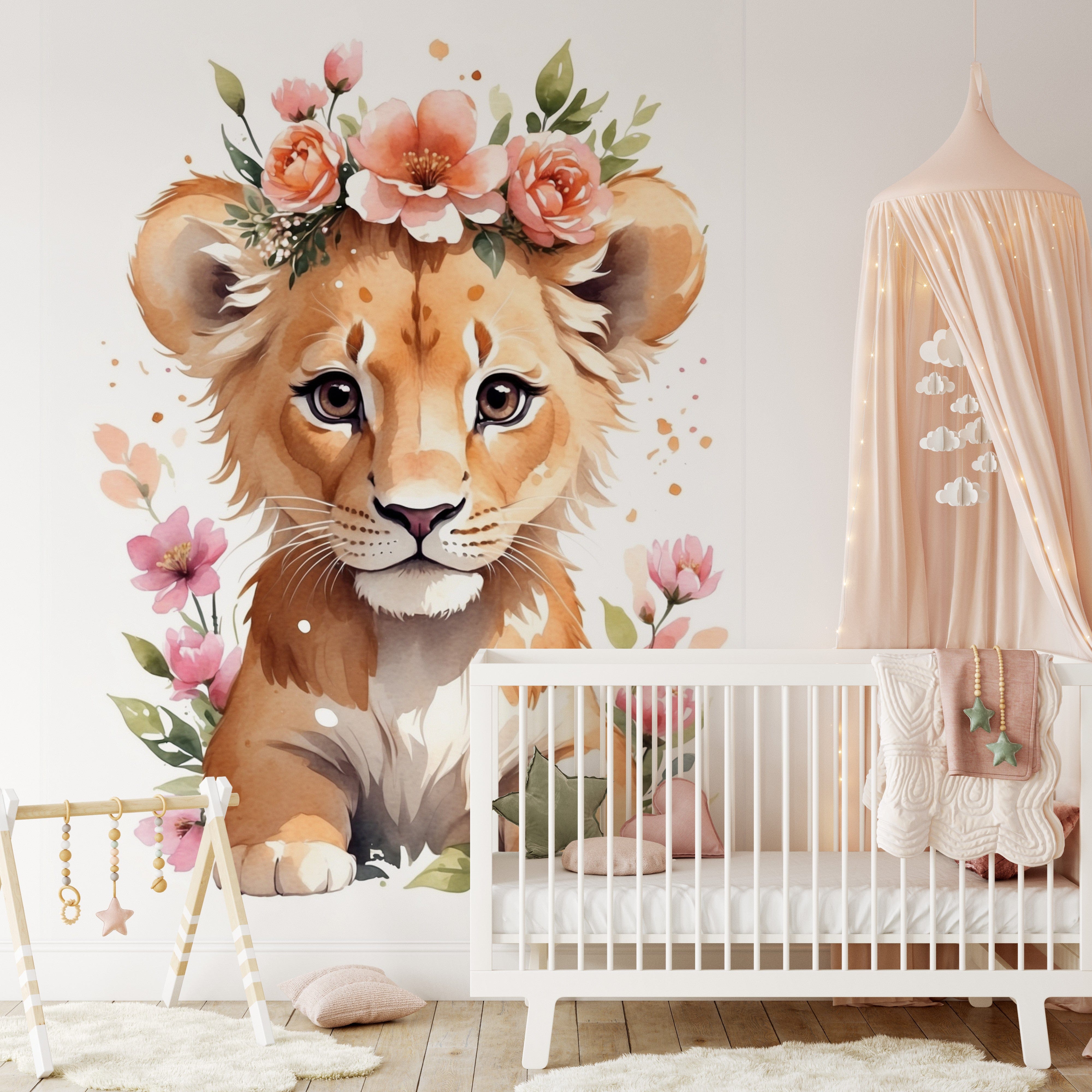 Papier peint panoramique lionne fleurie illustré, dans une chambre de bébé