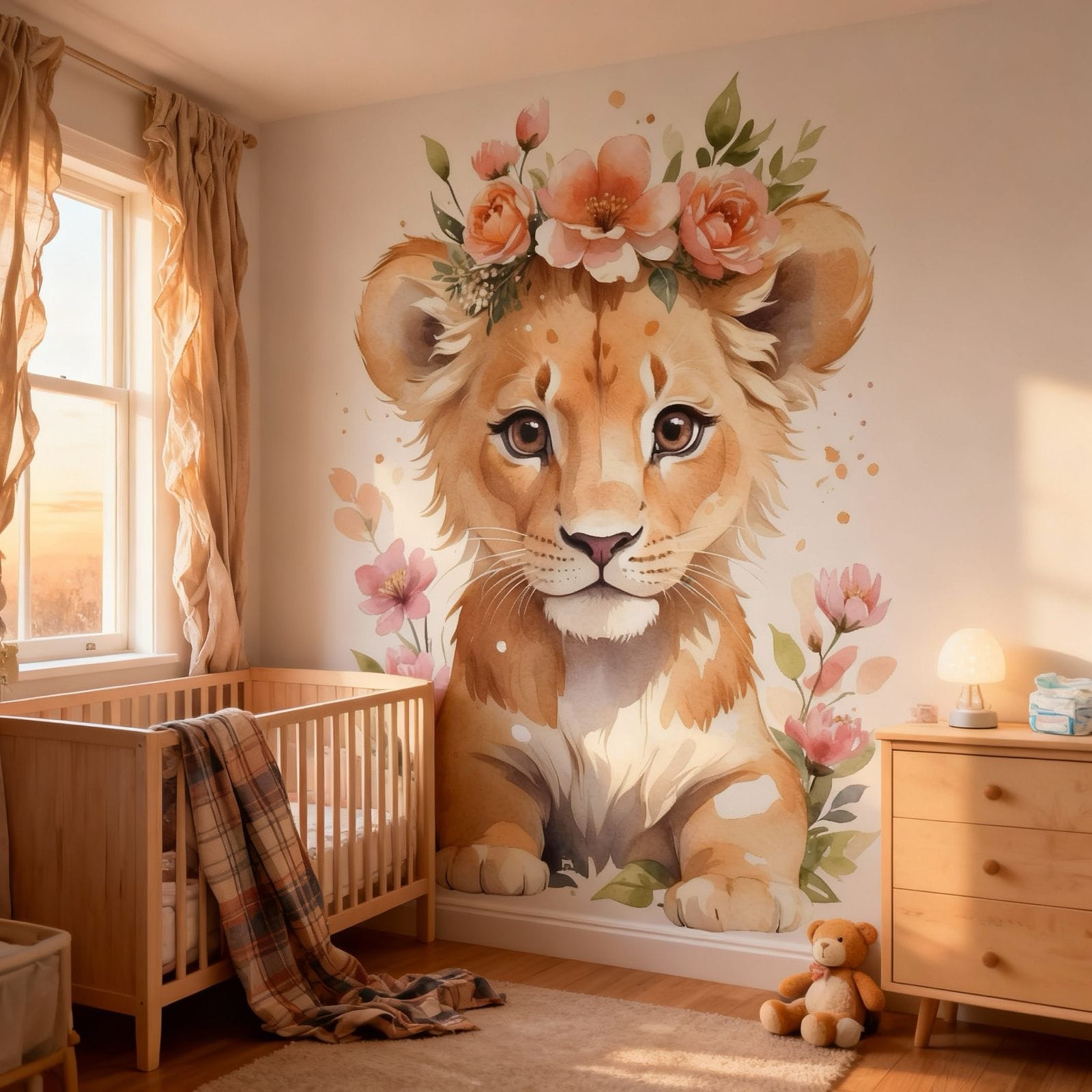 Deuxième vue du papier peint lionne fleurie dans une chambre de bébé