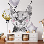 Papier peint panoramique lynx mignon ballons illustré, dans une chambre d'enfant