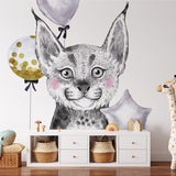 Papier peint panoramique lynx mignon ballons illustré, dans une chambre d'enfant