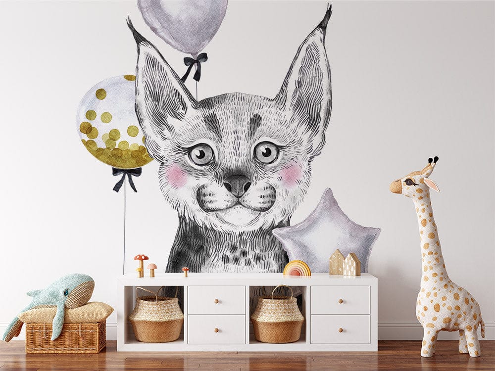 Papier peint panoramique lynx mignon ballons illustré, dans une chambre d'enfant