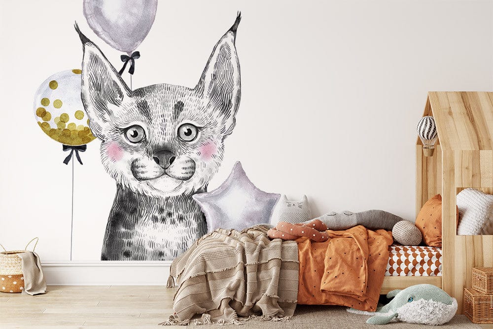 Deuxième vue du papier peint lynx mignon ballons dans une chambre d'enfant