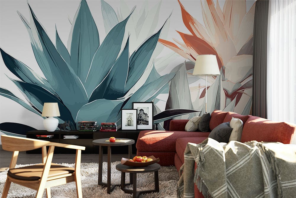 Papier peint panoramique minimaliste fleurs illustré, dans une chambre adulte