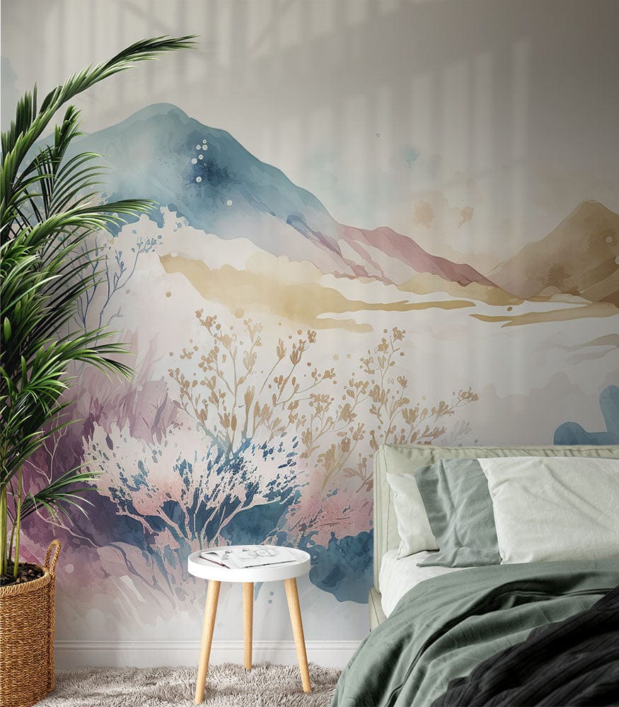 Papier peint panoramique montagne aquarelle illustré, dans une chambre adulte