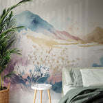 Papier peint panoramique montagne aquarelle illustré, dans une chambre adulte