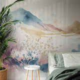 Papier peint panoramique montagne aquarelle illustré, dans une chambre adulte