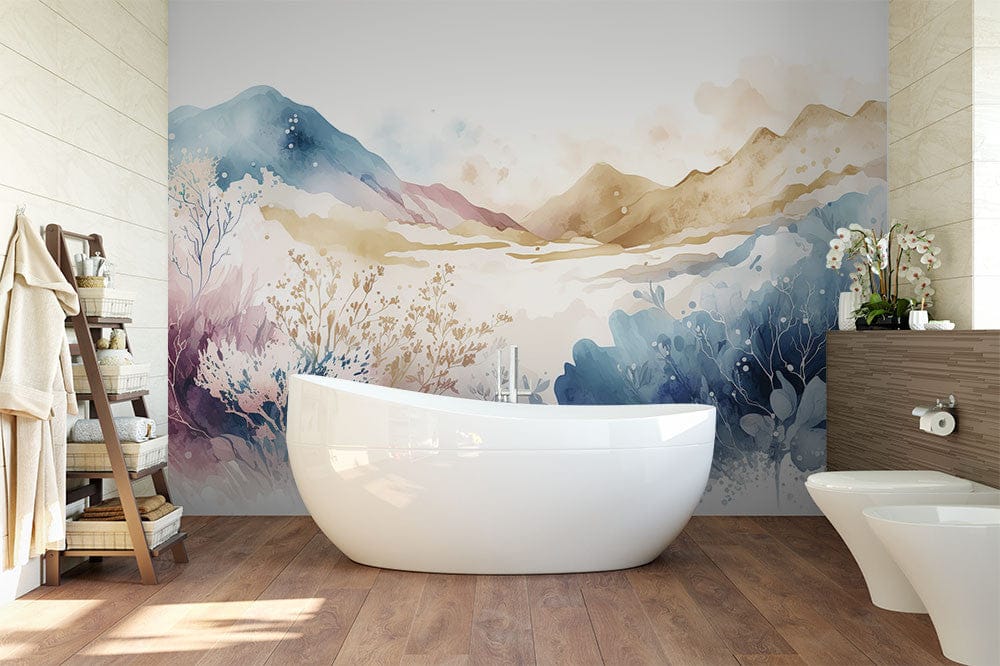Deuxième vue du papier peint montagne aquarelle dans une chambre adulte